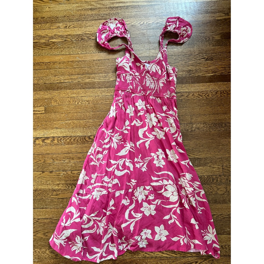 Japna Pink White Floral Smocked Maxi Dress Small Tropical Tiered Boho Vacation